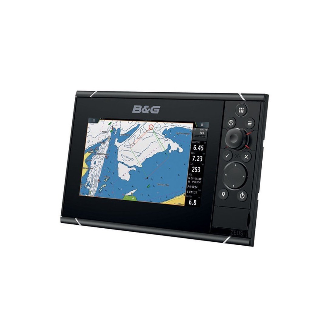 Display di uno strumento nautico portatile con schermo touchscreen e interfaccia di controllo, indicazioni cartografiche e dati di navigazione. Strumenti nautici per navigazione in primo piano.