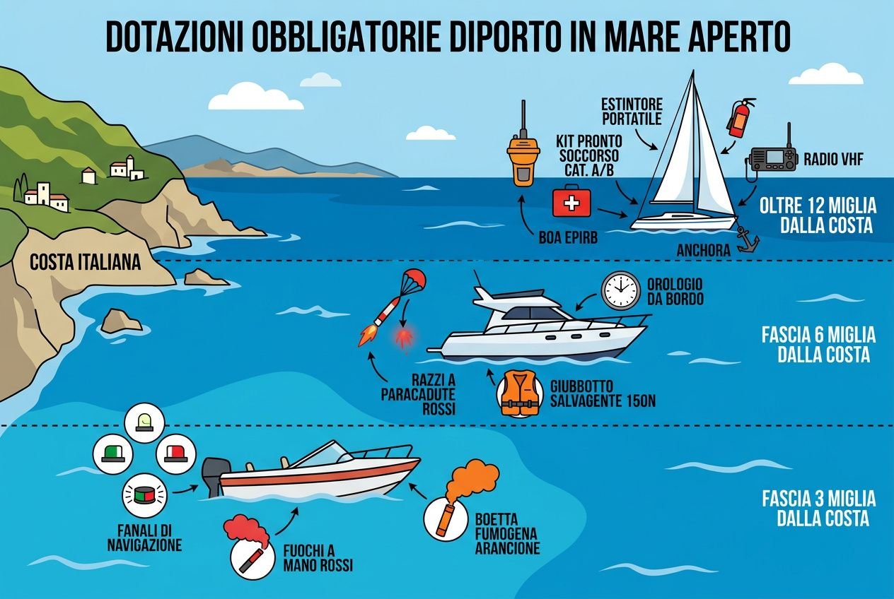 Dotazioni di bordo obbligatorie entro 50 miglia: panorama costiero, barche e strumenti di sicurezza aggiornati lungo la costa italiana.