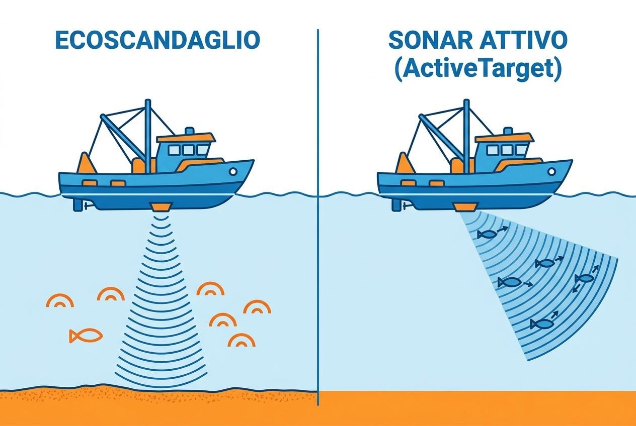 Ecocinaglio pesca mare: confronto tra ecoscandaglio e sonar attivo (ActiveTarget) con barca, onde e raggi sonori in acqua.