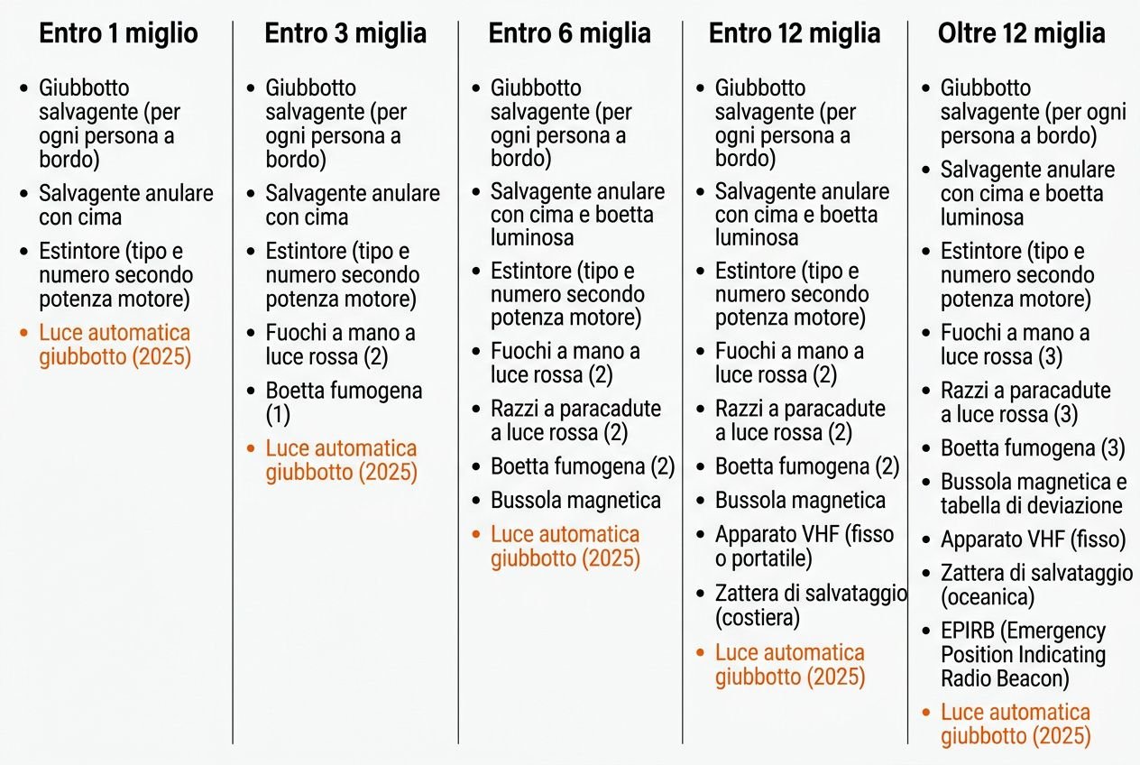 Elenco colonne con dotazioni di sicurezza per diverse aree entro 1-12 miglia e oltre: giubbotto salvagente, anularo, estintore, luci e segnali; elementi aggiornati a 2025-2026.