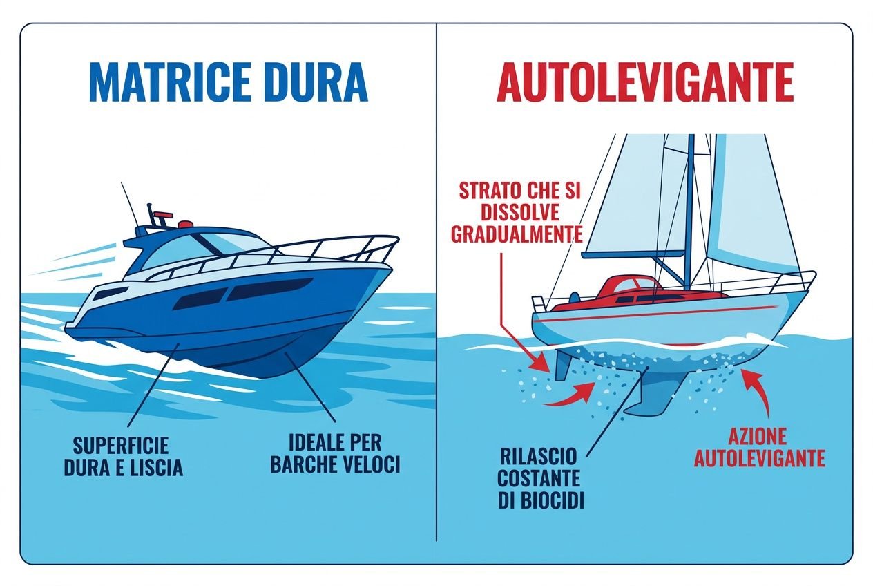Grafico comparativo su antivegetativa: sinistra “Matrice dura” con una barca, destra “Autolevigante” con strato che si dissolve e azione antivegetante. Include riferimenti a superficie dura e liscia e rilascio costante di biocidi. Colori dell'antivegetativa rilevanti per protezione barca.