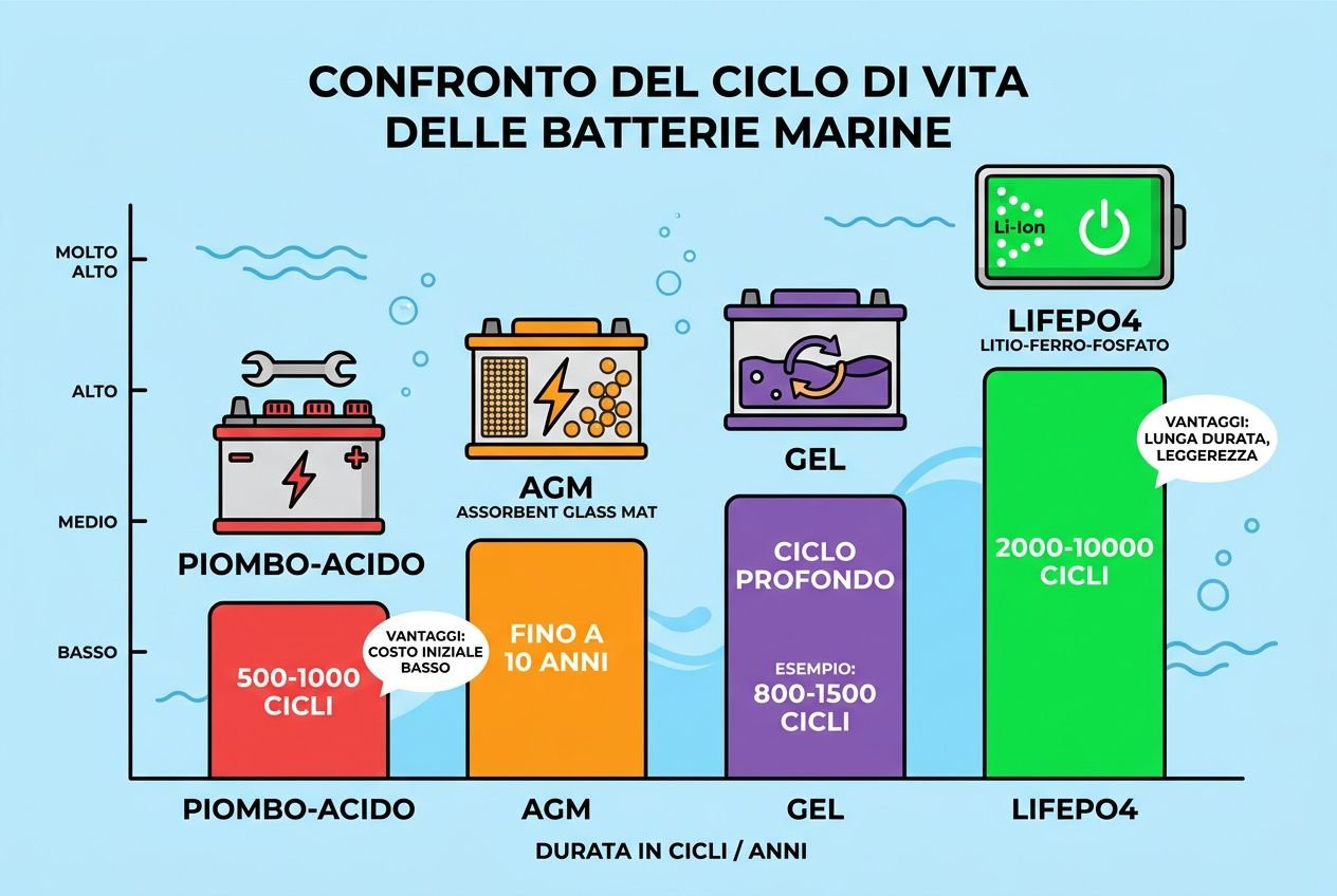 Grafico illustrando il ciclo di vita delle batterie marine: piombo-acido, AGM, GEL e LIFEPO4, con barre e scale di durata (cicli/anni) e vantaggi. testo: batterie barca come mantenerle.