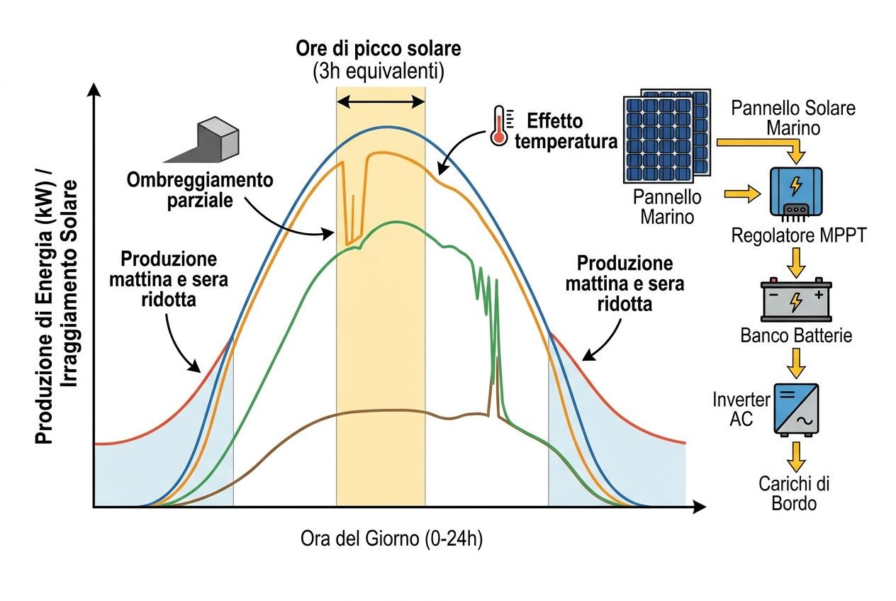 Grafico sull’andamento della produzione di energia solare diurna con ombreggiamento e ore di picco: impatto su pannelli solari marin i, rigidi e flessibili, mostra percorso dall’unità di regolazione al banco batterie e inverter.
