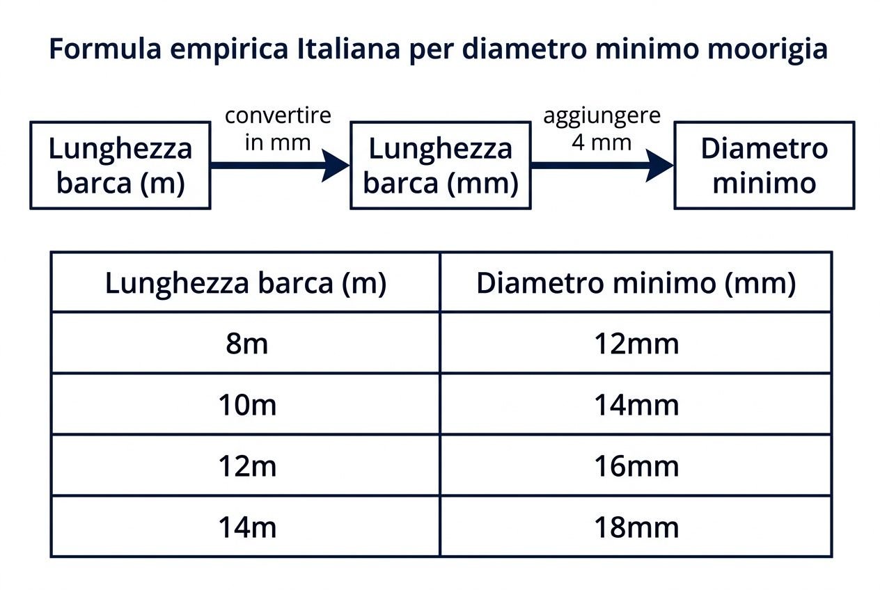Guida alle cime di ormeggio: diagramma di calcolo diametri minimi per lunghezza barca e diametro minimo, mostra 8–14 m con cime di 12–18 mm, testo include cime ormeggio barca.