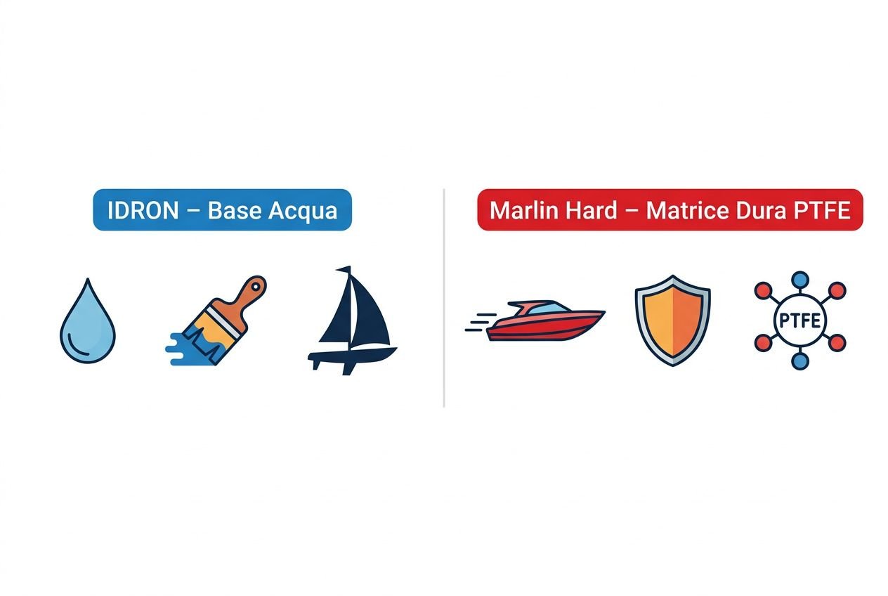 Icone illustrative: base acqua IDRON : Base Acqua e strumenti di verniciatura; a destra una barca veloce con protezione Piastre PTFE e scudo, simboli di manutenzione carena barca con prodotti Marlin.