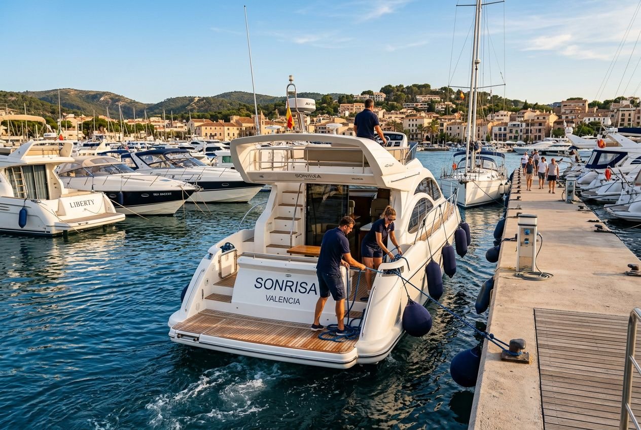 Imbarcazione a motore ormeggiata in porto, operai a bordo e preparazione cime, con slogan “SONRISA VALENCIA” sul retro della barca.