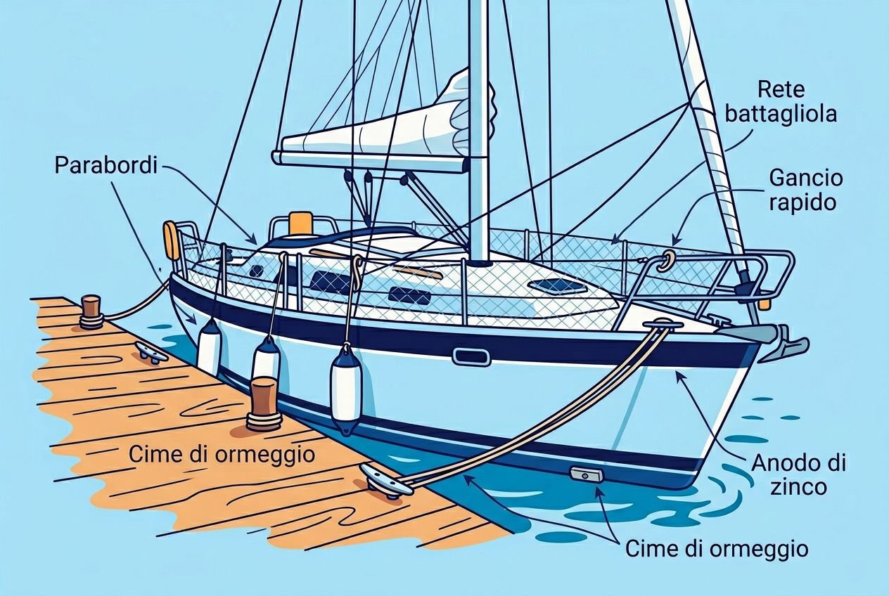 Imbarcazione a vela ancorata al pontile con cime e accessori visibili, parapetti, parabordi, cime di ormeggio, anodi di zinco e rete battagliola, in primo piano.