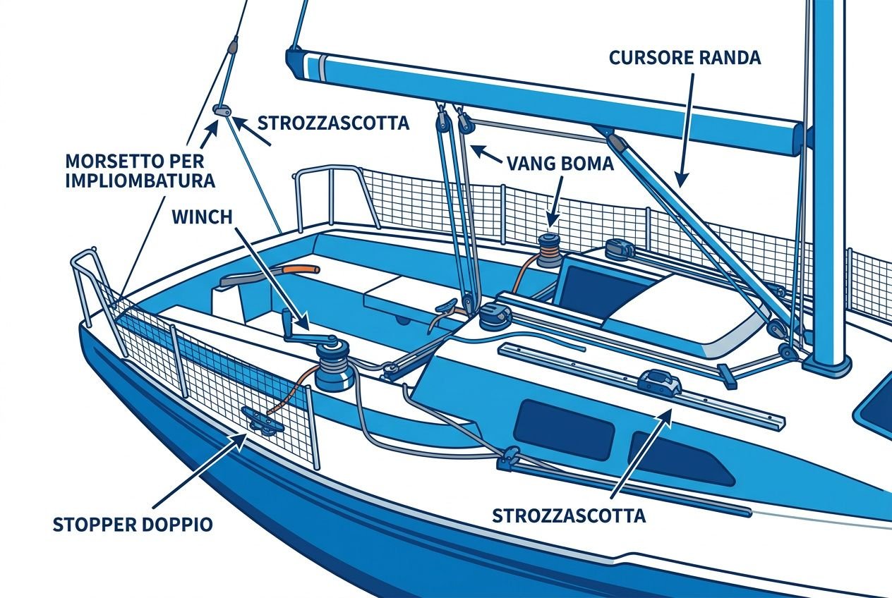 Immagine di una barca a vela mostrata in vista laterale, etichette indicano parti come winch, stopper doppio, moresetto per impiombatura, strozziascotta, vang boma e cursore randа.