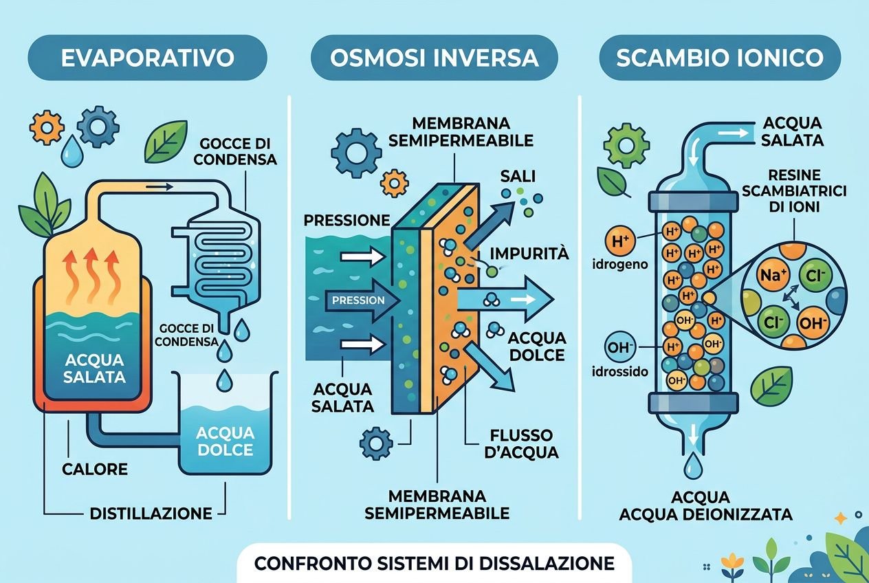 Immagine comparativa di tre sistemi di dissalazione: evaporativo, osmosi inversa e scambio ionico, con flussi e componenti illustrati. Dissalatore acqua marina centrale.