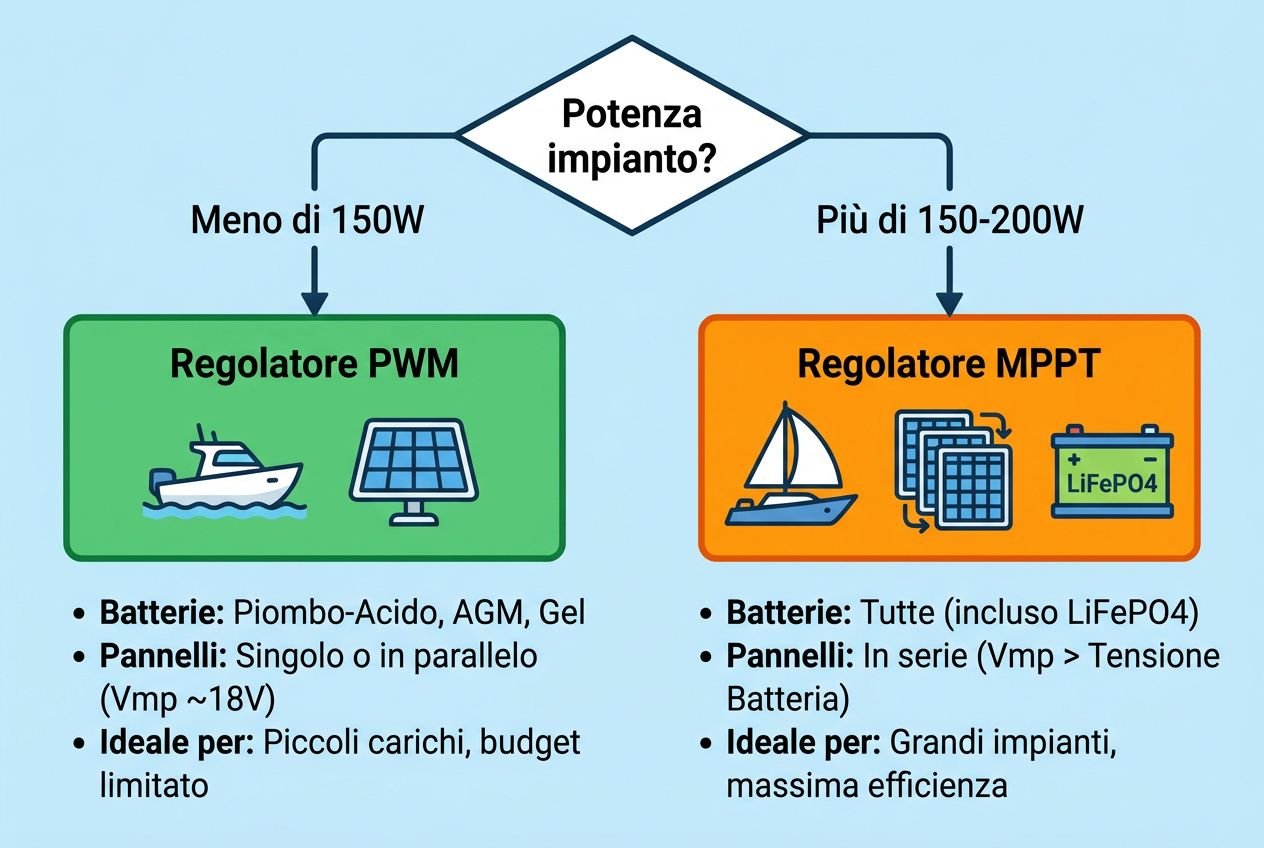 Immagine che confronta regolatori PWM e MPPT: grafico con icone vela e batterie, testo "Potenza impianto?" e suddivisione sotto 150W vs oltre 150-200W, spiegazioni sintetiche. differenza tra regolatori di carica pwm e mppt