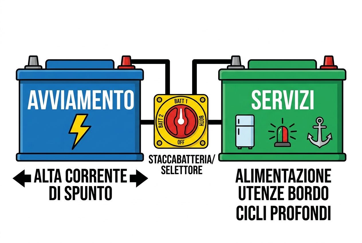 Immagine illustrativa di due batterie nautiche collegate a uno staccabatterie: sinistra blu con simbolo di energia, destra verde con luci di avviso, testo descrittivo su correnti e alimentazione. Batterie per imbarcazioni e accessori onboard.