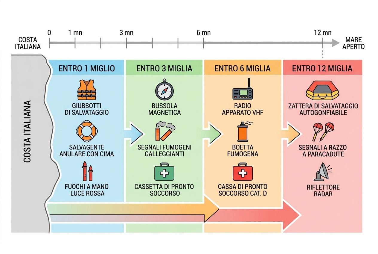 Immagine schematico equipaggiamento di sicurezza mare: suddivisa in quattro zone temporali (entro 1, 3, 6 e 12 miglia) con icone di salvagente, segnali, radio e riflettori, destinazione costa italiana a destra. Attrezzatura sicurezza mare obbligatoria evidenziata.