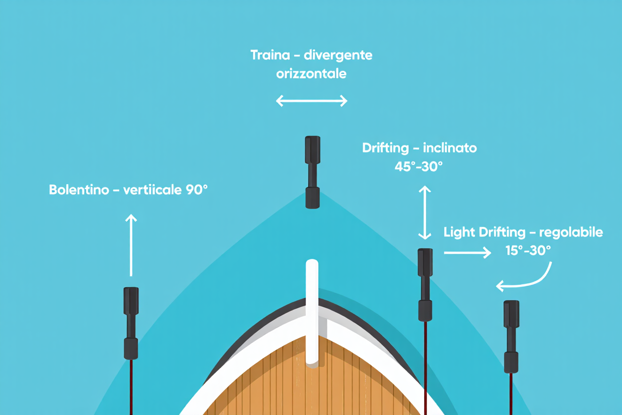Immagine tecnico-didattica: diverse guide per portacanne per la barca e relative rotazioni, con etichette su inclinazione, verticalità e fissaggi.