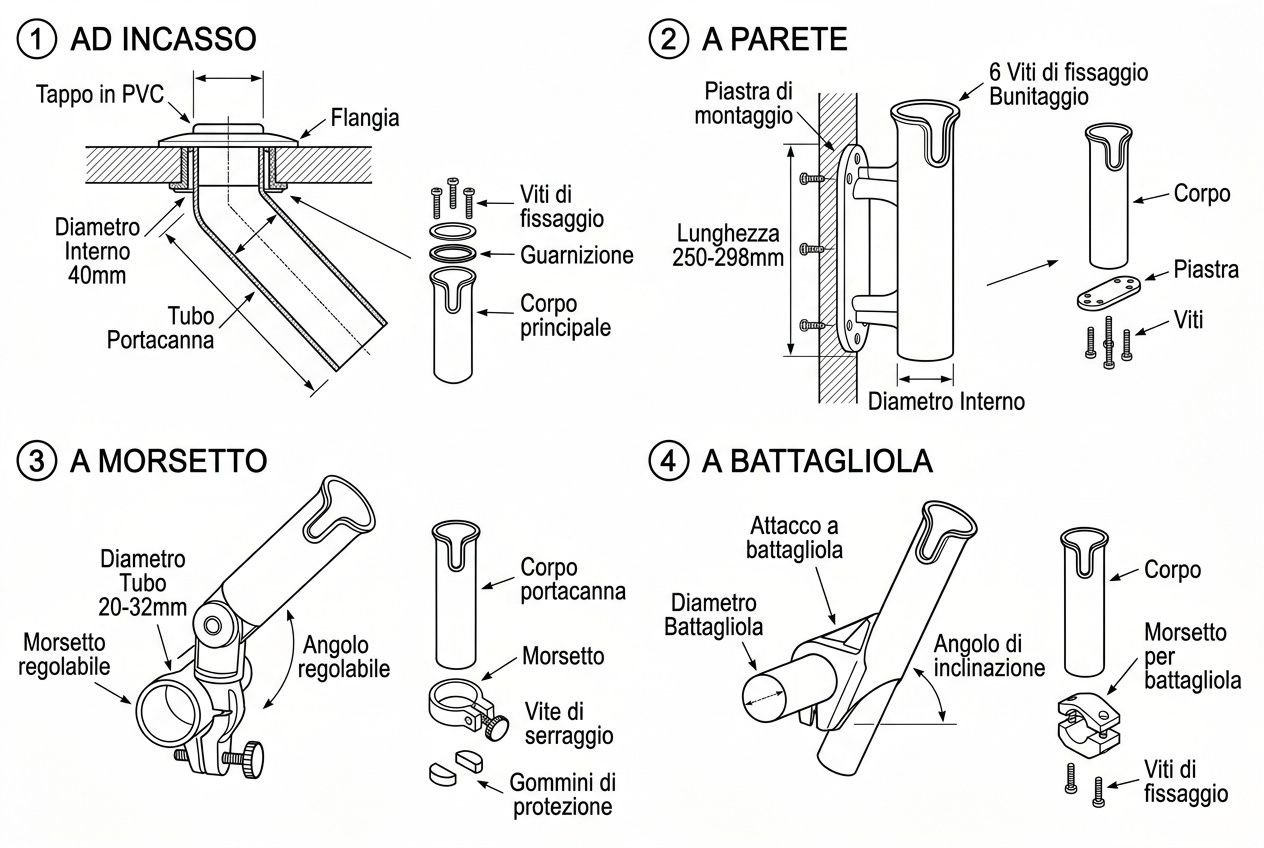 Immagine tecnico-disegnata in quattro passi: 1) Ad incasso: tappa in PVC, flangia e tubo portacanna inclinati; 2) A parete: pistare montaggio e viti di fissaggio, portacanna a parete; 3) A morsetto: corpo portacanna, morsetto regolabile e viti di serraggio; 4) A battagliola: attacco a battagliola, angolo di inclinazione e viti di fissaggio. Portacanne per la barca visualizzato in varie tipologie di fissaggio.