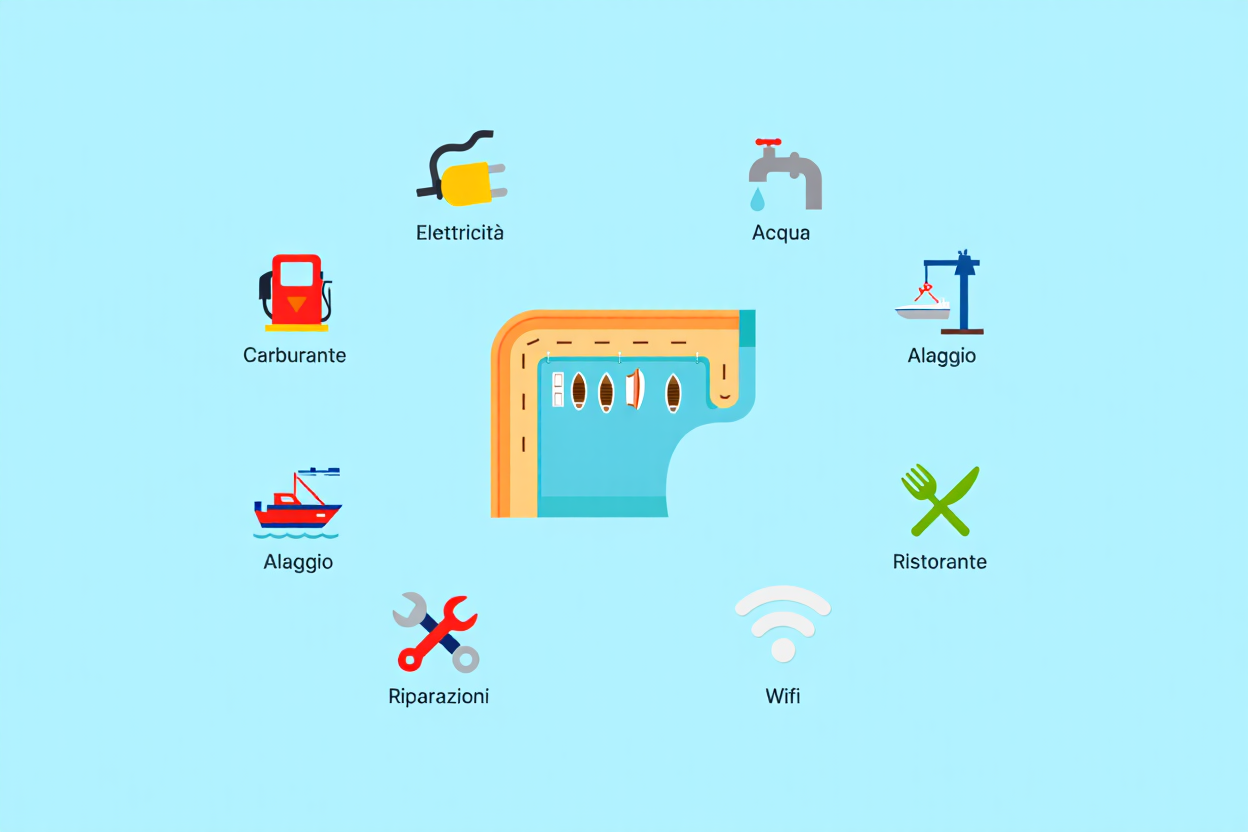 Immagine vettoriale di un porto con strumenti e icone: elettricità, acqua, carburante, allaccio, rattoppi, ristorante, wifi, riparazioni e alaggio, al centro un molo. Integrazione di approdi e porti in friuli venezia giulia.
