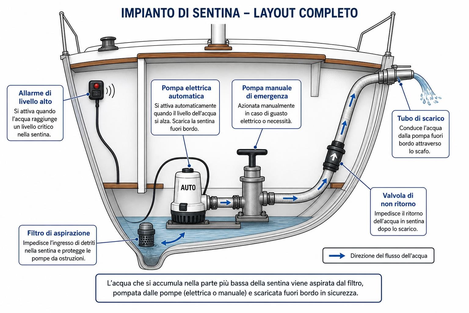 Impianto di sentina ad immersione completo: pompe automatiche ed EW, tubo di scarico e valvola di non ritorno, filtro di aspirazione e indicatore livello, con flusso d’acqua verso l’esterno.