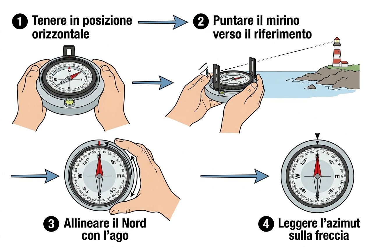 Indicazioni passo-passo per usare la bussola da rilevamento: allineare nord, puntare il mirino, orientare l’ago e leggere l’azimut sulla freccia.