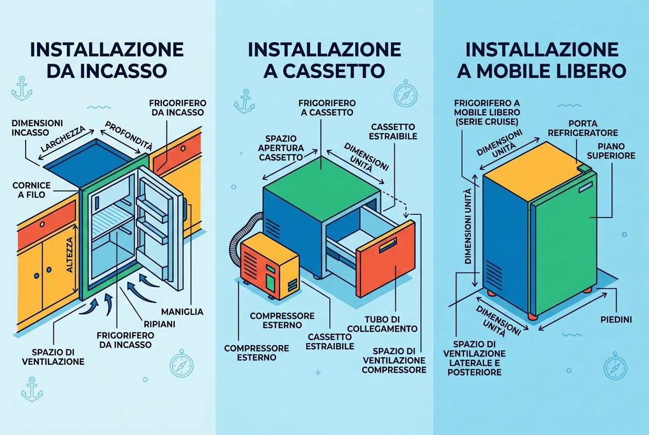 Installazione da incasso, a cassetto e mobile libero di frigoriferi e ghiacciaie a bordo, con componenti e dimensioni etichettati.
