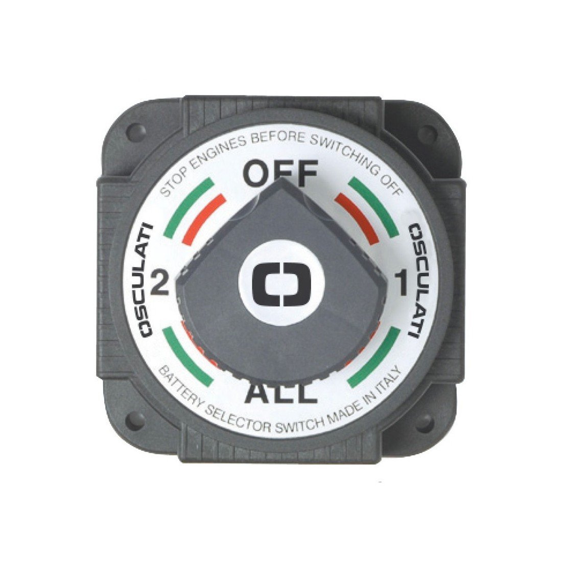 Interruttore di selezione batteria nautico con posizioni OFF, 1, 2 e indicazioni “ON” e peso; logo Made in Italy.