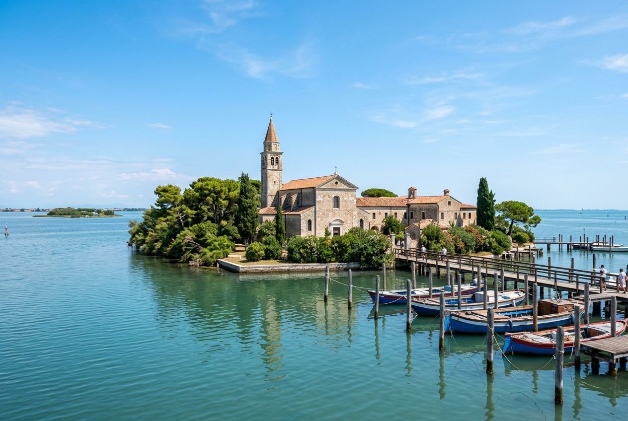 Isola e molo con chiesa e alberi sulla laguna, immagini di acqua azzurra; in lontananza il cielo sereno, barche ormeggiate lungo il pontile. integra laguna di grado naturalmente.