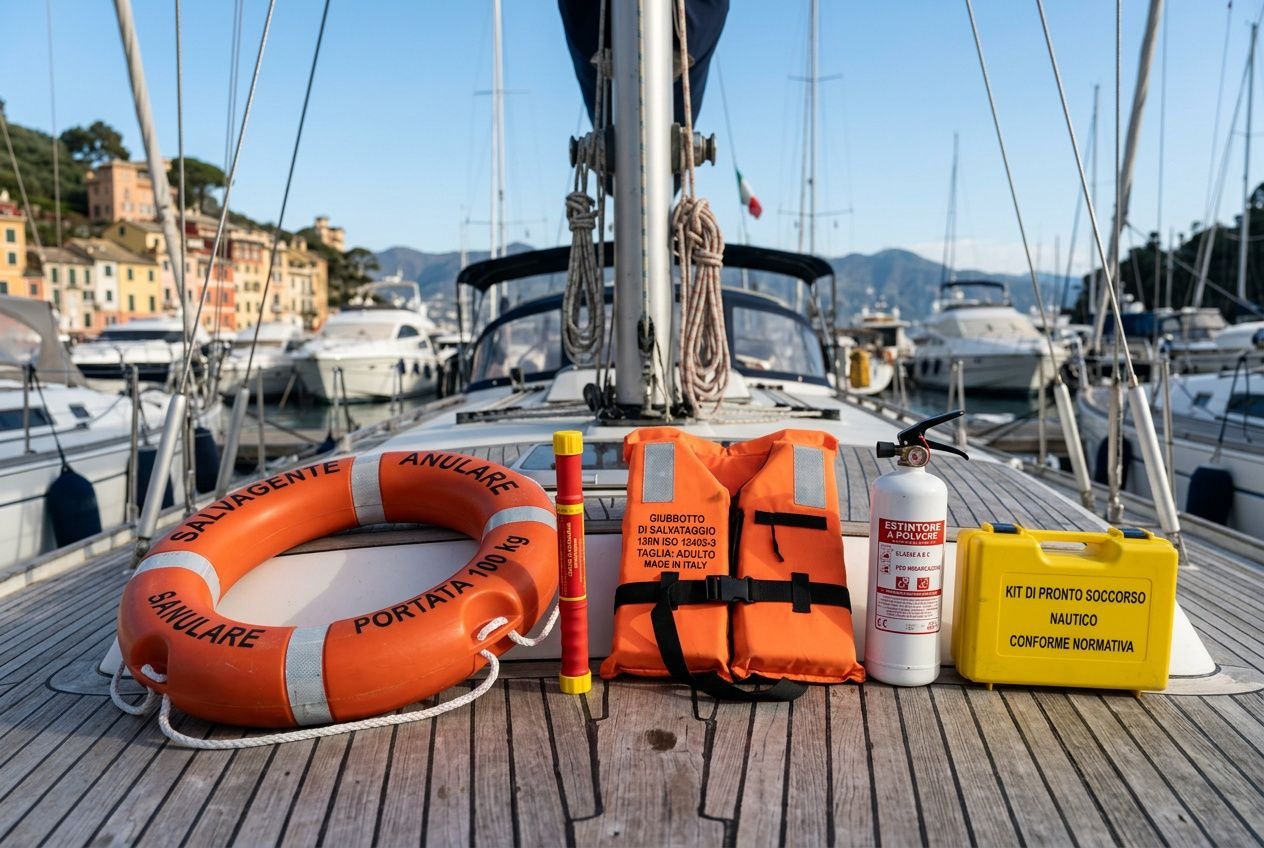 Kit di emergenza nautica su ponte: salvagente arancione, giubbotto di salvataggio, kit di primo soccorso, estintore, fischietto, torcia e box delle dotazioni di sicurezza obbligatorie per una barca.