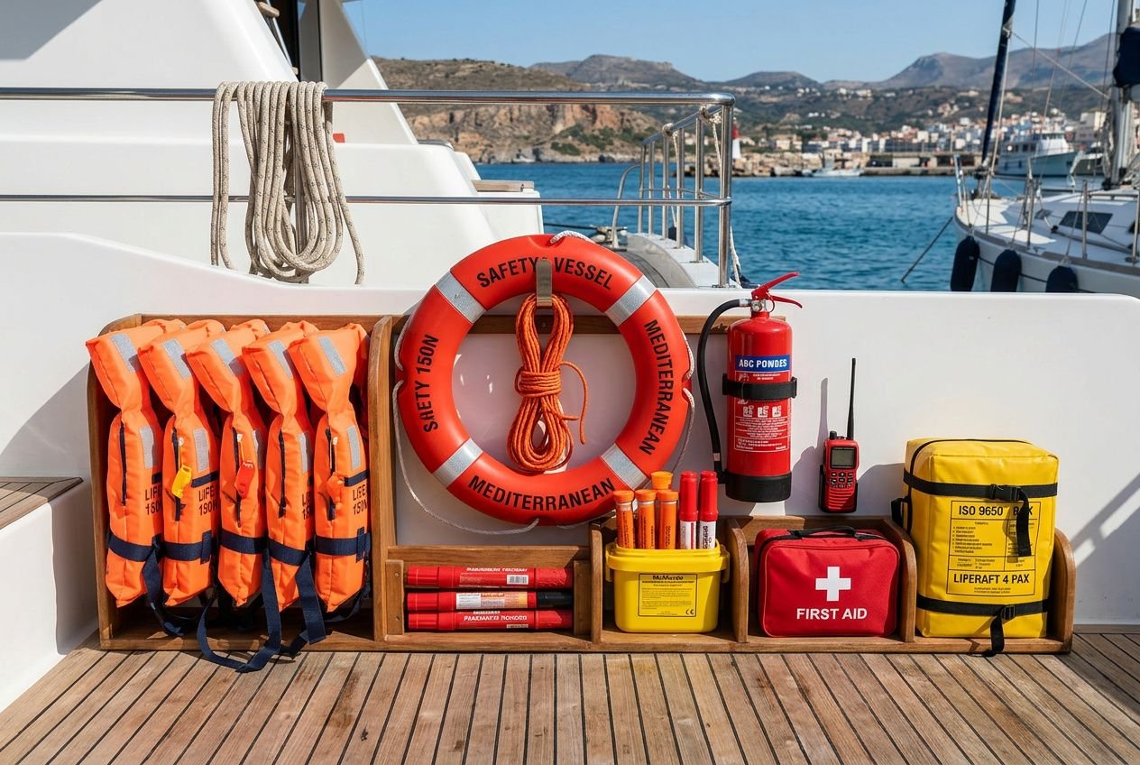 Kit di sicurezza in barca: giubotti salvavita arancioni, zattera di salvataggio, estintore, kit primo soccorso, radio, zaino con dotazioni e dispenser. dotazioni di bordo obbligatorie entro 50 miglia.