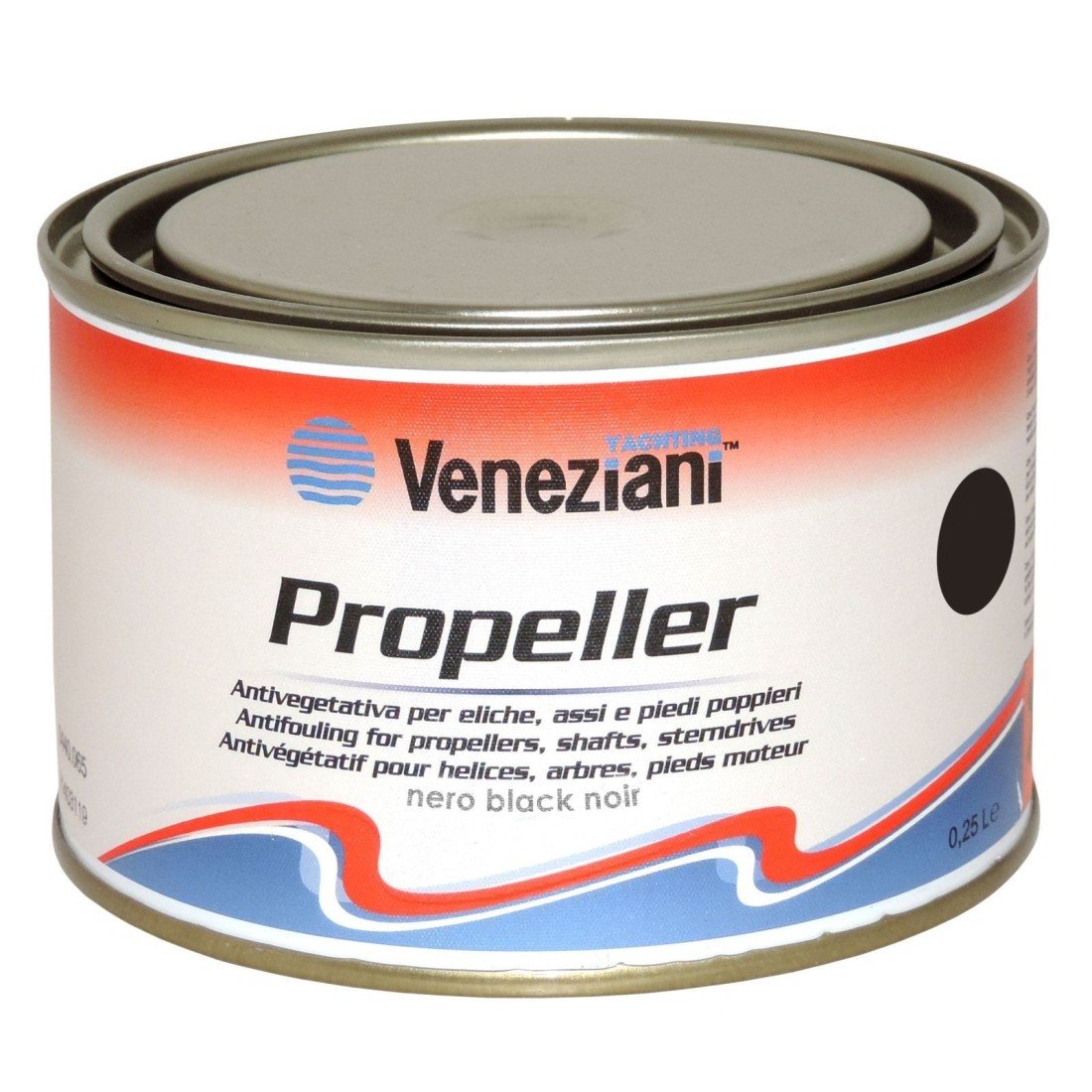 Latta di antivegetativa per gommoni Propeller by Veneziani, nero/black, confezione da 0,25 L pronta all’uso per carena e tubolari.