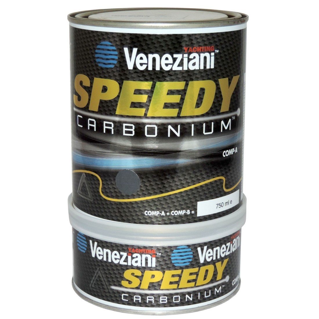 Latta di antivegetativa Veneziani SPEEDY CARBONIUM per barche, confezione doppia con etichette nere e gialle, testo SPEEDY in evidenza. contiene COMP-A/COMP-B. (migliore antivegetativa per barche)