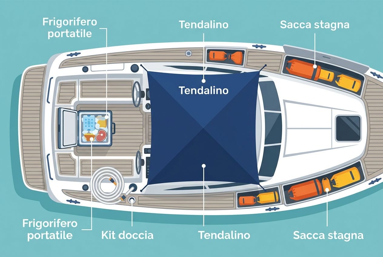 Layout di una barca dall’alto con tendalino al centro, kit doccia e frigorifero portatile, saccate stagne sui lati.