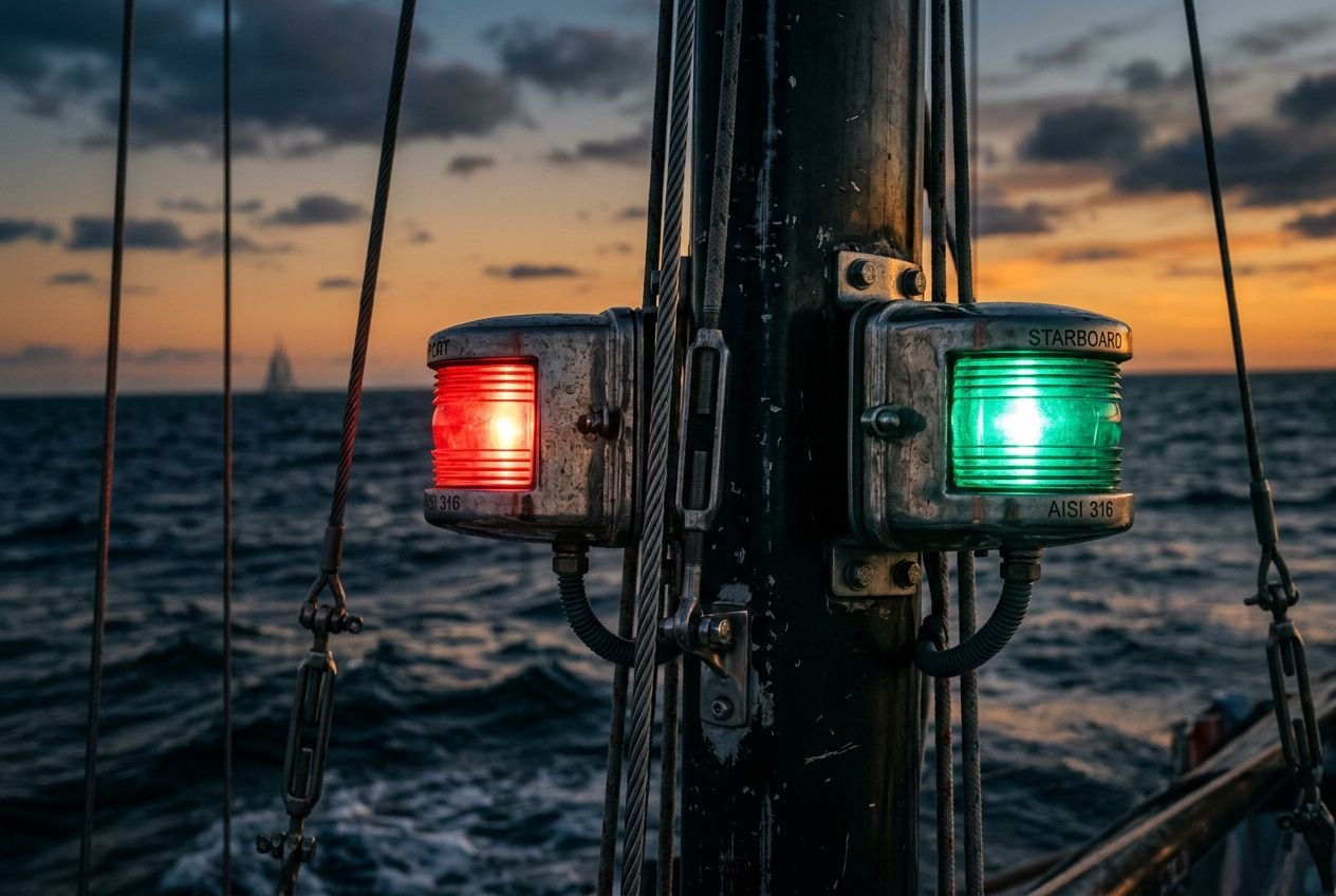 Luci di navigazione rosse e verdi sul palo di una barca al tramonto, enfatizzando l’illuminazione di bordo barca.