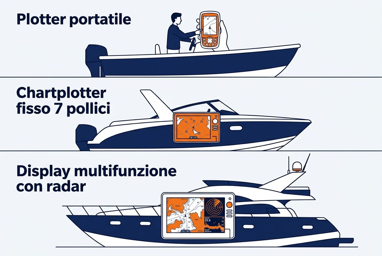 Manufatto grafico illustrato con tre equipaggiamenti per plotter nautico: da lato a lato yacht e imbarcazioni, con testi descrittivi. In alto, “Plotter portatile” con una figura che tiene un dispositivo. Al centro, “Chartplotter fisso 7 pollici” su barca. In basso, “Display multifunzione con radar” su yachts, mostra un display con mappa e radar. Integra naturalmente la frase come funziona plotter nautico.