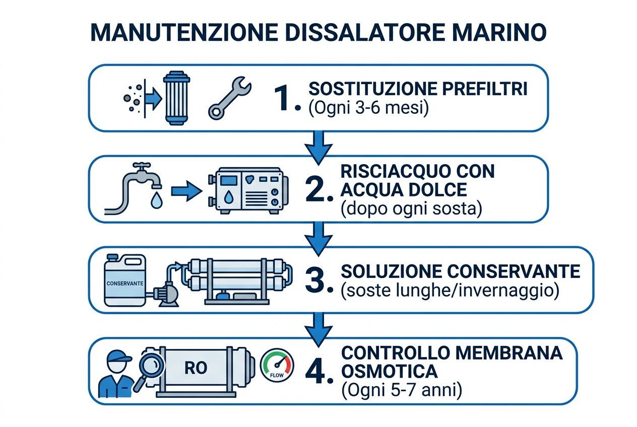 Manutenzione dissalatore marino: guida grafica all’osmosi inversa, mostra passaggi come sostituzione prefiltro, risciacquo, soluzione conservante e controllo membrana osmotica.