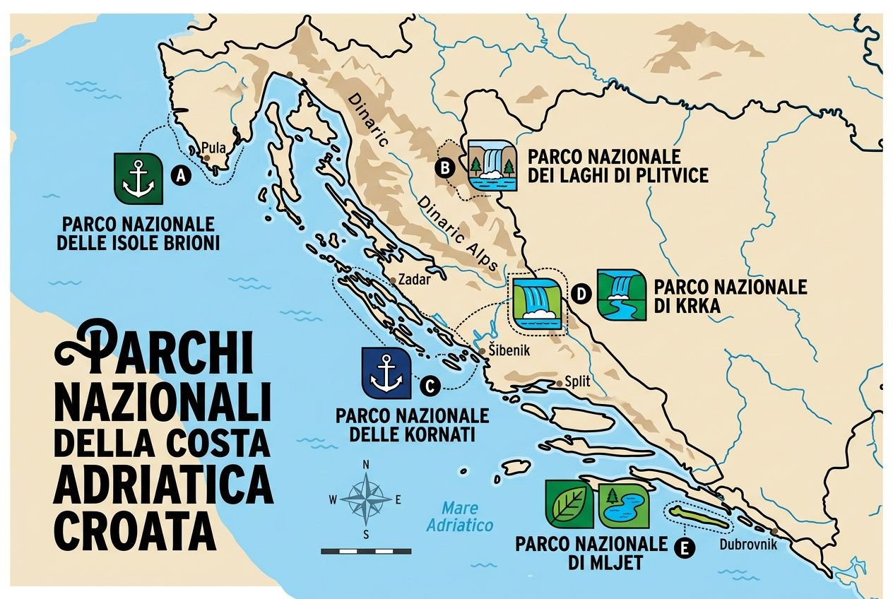 Mappa dei Parchi Nazionali della costa adriatica croata, con etichette A–E per isole e baie protette lungo la costa; simboli di porti, cascate e aree naturali. Esplorare la costa della Croazia.
