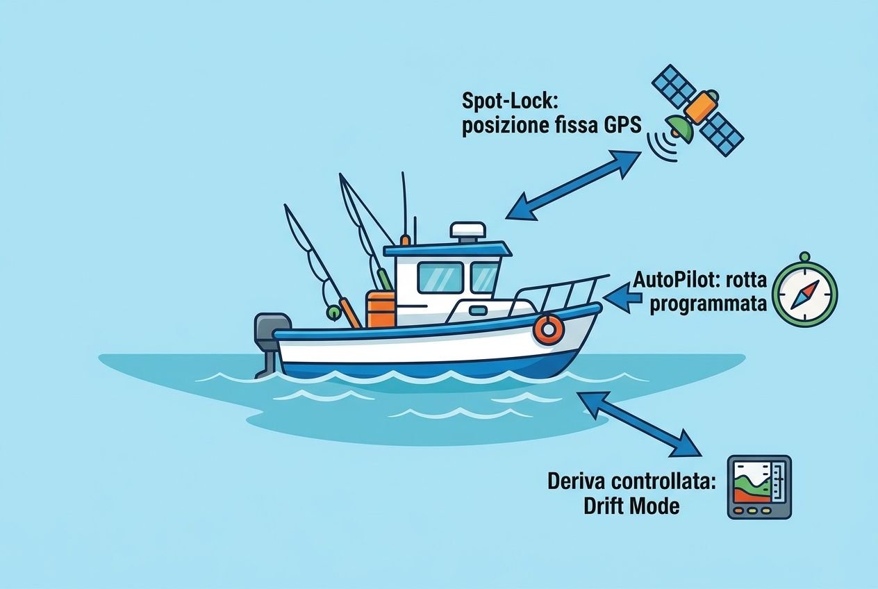 Motore elettrico di prua per pesca sportiva: barca illustrata con GPS, rotte automatiche e drift mode per una pesca più accurata.