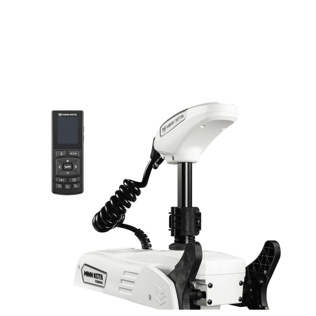 Motore fuoribordo elettrico 12 volt bianco con telecomando a filo e remote, prua e guida neve, pronto per l’uso su barche, su sfondo bianco.