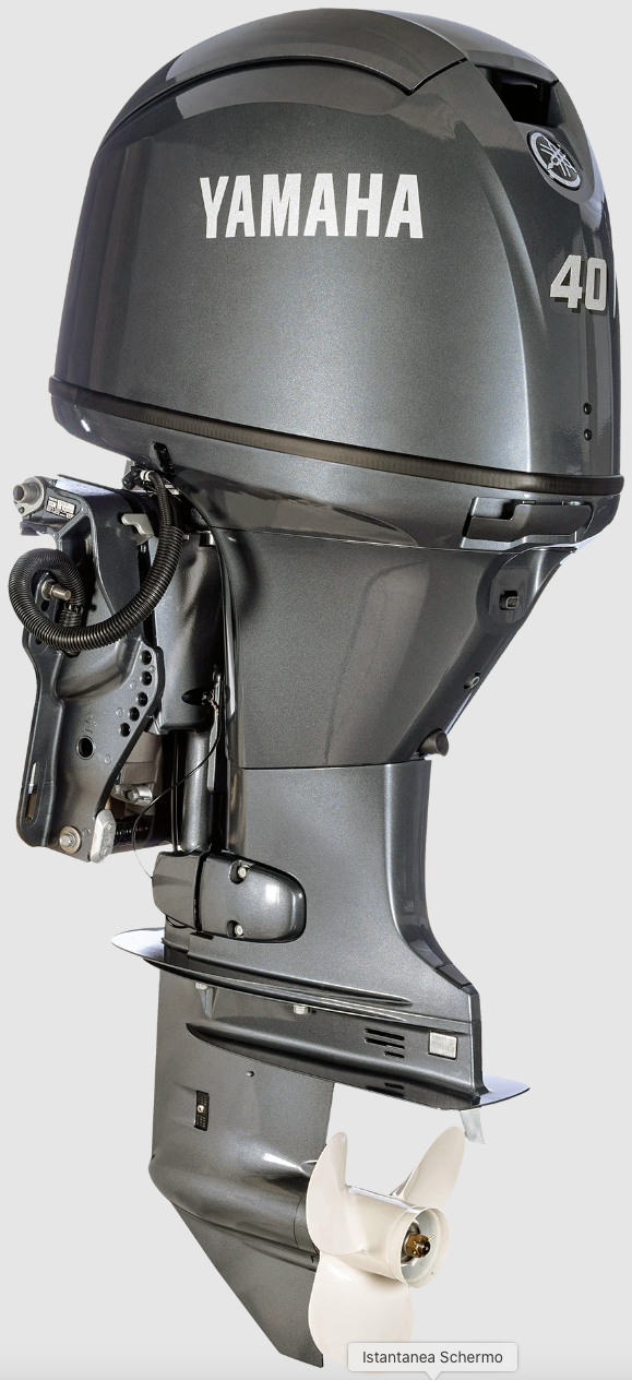 Motore fuoribordo Yamaha da 40 CV con’elica a tre pale e accessori di montaggio, mostrato in primo piano.