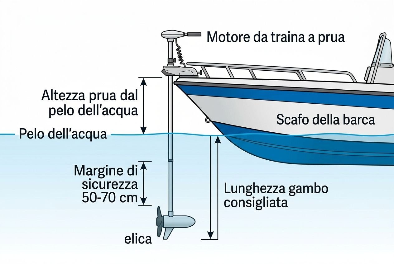 Motore da traina a prua montato: dettaglio di barca con motore elettrico di prua per pesca sportiva, profondità e margine di sicurezza indicati.