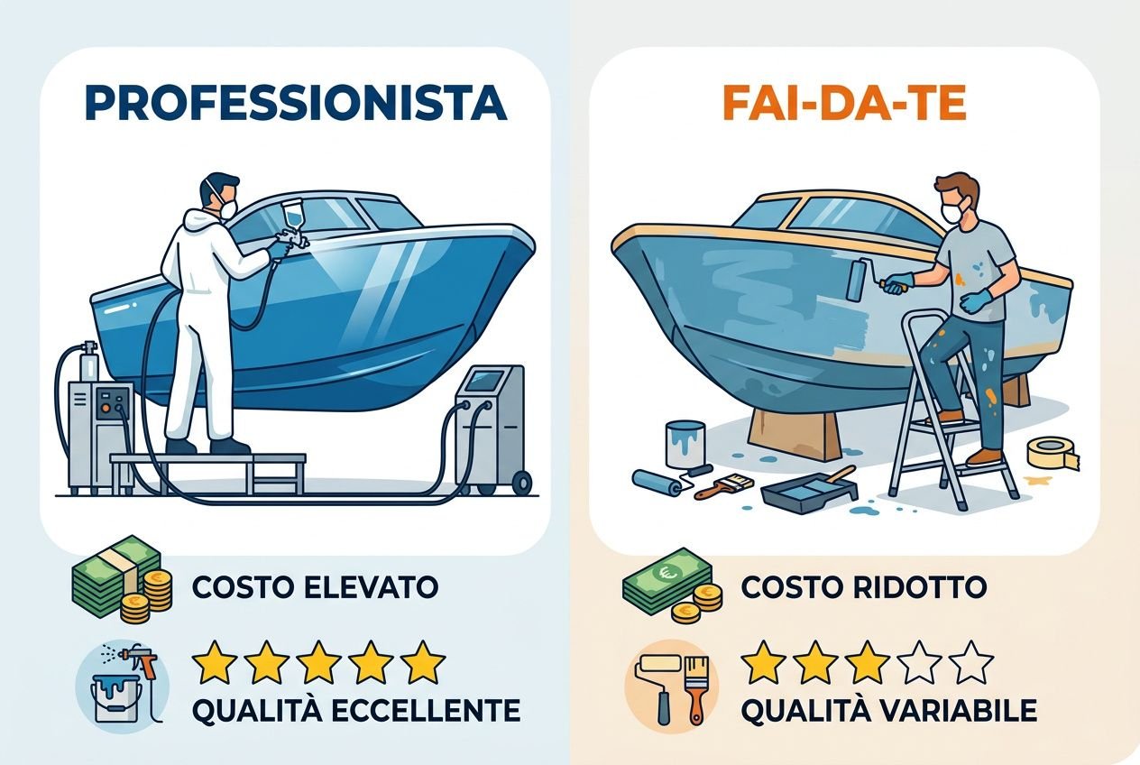 Operaio professionista in vetroresina applica vernice su barca; confronto fai-da-te con costi variabili e qualità incerta, verniciatura barca vetroresina costo.