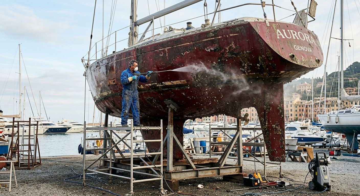 Operaio in tuta lava la carena di una barca ancorata, utilizzando spruzzatore per rimuovere l’anti-vegetativa. manutenzione carena barca con prodotti marlin in primo piano.