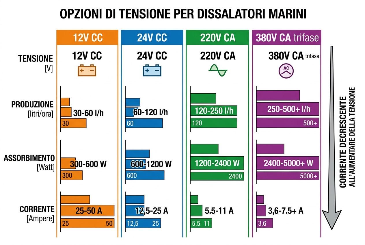 Opzioni di tensione per dissalatori marini: colonne 12V CC, 24V CC, 220V CA, 380V CA trifase con grafici di produzione, assorbimento e corrente. In evidenza: 12V CC, 24V CC hanno produzioni e assorbimenti più bassi, 220V CA spostata su gamme più alte, 380V CA trifase per potenze elevate. testo correlato al tema diss alatore barca come funziona integrato con l’idea di diss alatore marino per barca: come funziona davvero.