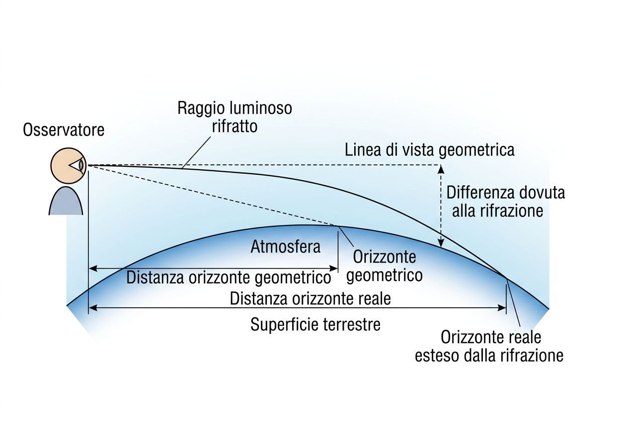 Osservatore che guarda l’orizzonte curvo: grafico esplicativo della curvatura terrestre e visibilità, con linee e distanze geodetiche e rifrazione.
