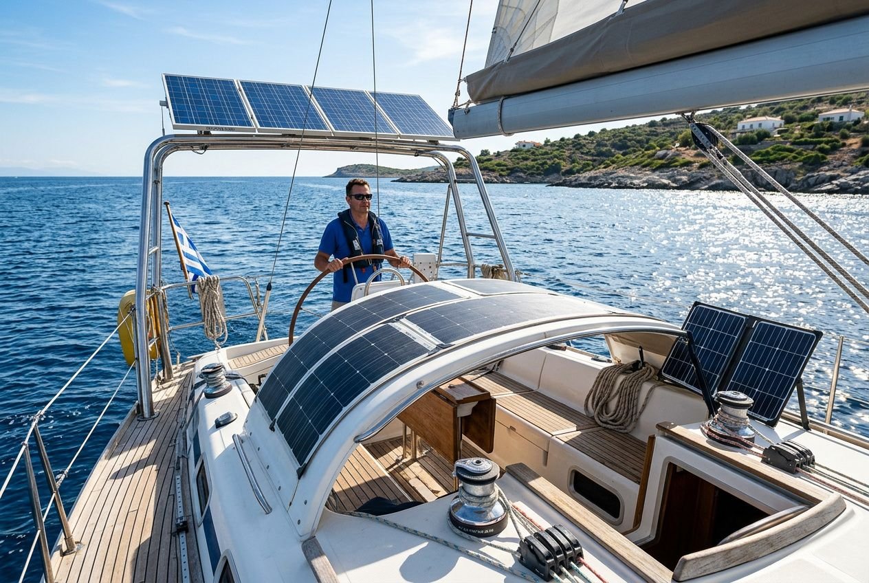 Pannelli solari installati su uno scafo di barca a vela: energia solare per la navigazione, con capitano al timone e pannelli rigidi sul pozzetto e sul ponte, vista mare. pannelli solari barca tipi e selezione