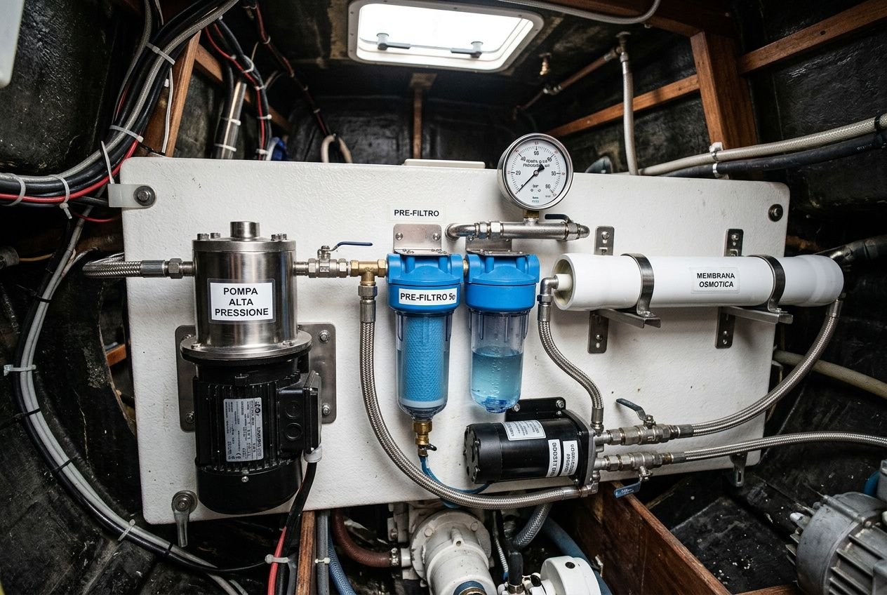 Pannello di controllo di un dissalatore acqua marina, con pompe, filtri e manometri in installazione nautica, etichette “POMPA ALTA PRESSIONE” e “Membrana Osmotica” sul bordo.