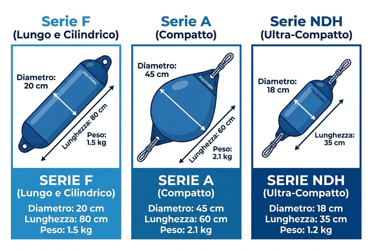 Parabordi barca: tre serie di gonfiabili (F, A, NDH) con dimensioni, lunghezza e peso indicati per ciascun modello.