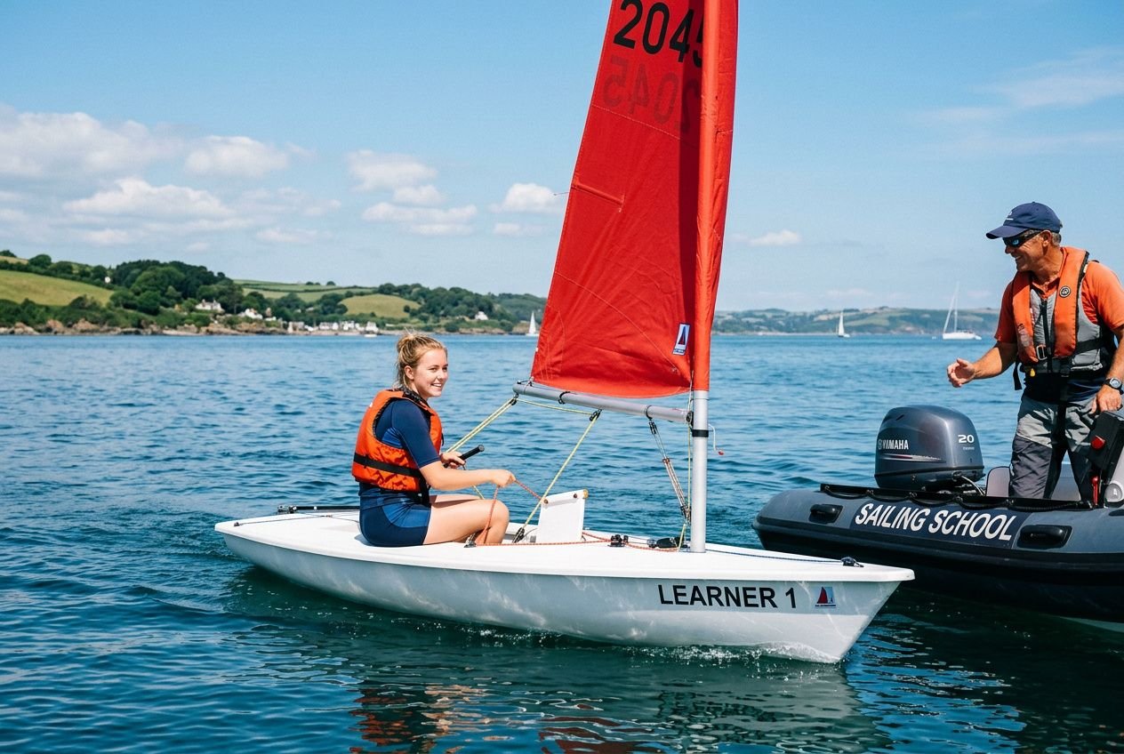 Piccolo veliero per principianti in mare: una giovane vogatrice con giubetto salvataggio rossa, vela arancione, assistita da un istruttore sulla barca a motore “SAILING SCHOOL” vicino a shore soleggiata. Attrezzatura vela per principianti.