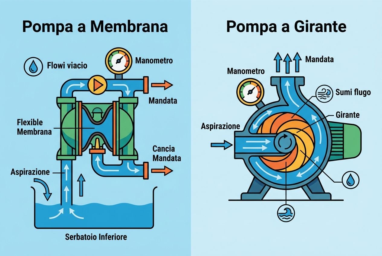 Pompa a membrana e pompa a girante in diagramma: flussi e mandata, per l’autoclave barca cosa serve, con indicazioni su aspirazione e aspirazioni.