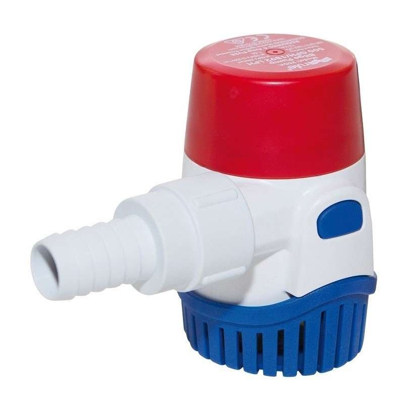 Pompa di sentina ad immersione di colore bianco con cappello rosso e base blu, impiegata per drenare liquidi da ambienti marini.