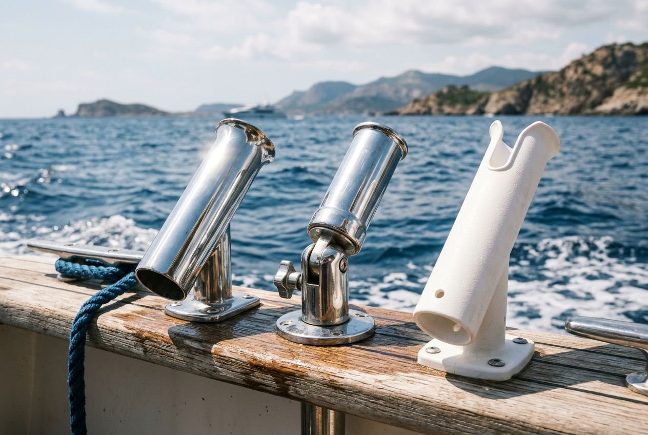 Portacanne per la barca in metallo e plastica fissati sul corrimano in legno, con mare aperto sullo sfondo.
