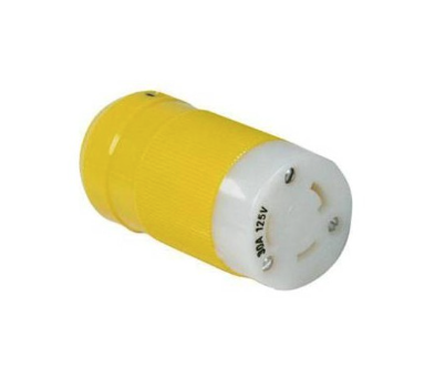 Presa di alimentazione gialla a spina rotonda, con contatti bianchi e spina da 125 V. Presa di alimentazione gialla a spina rotonda, con contatti bianchi e spina da 125 V.