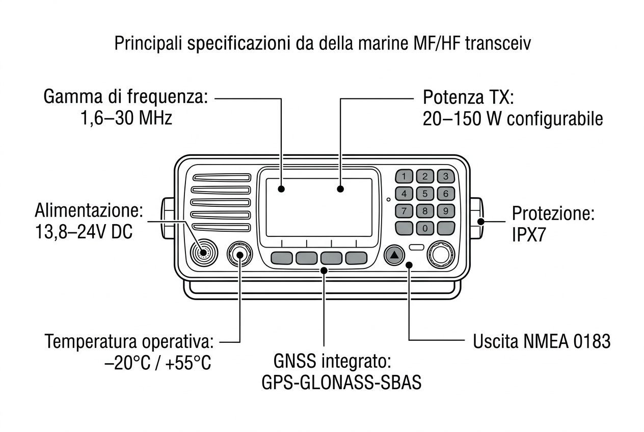 Principali specificazioni da della marine MF/HF transceiv, etichetta con alimentazione, frequenza, potenza e protezione IPX7, incluse GNSS integrato. ricetrasmettitore marino mf hf guida.